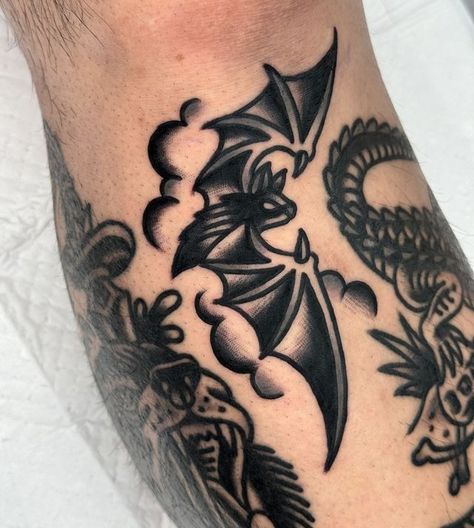 Instagram Gothic American Traditional Tattoo, American Traditional Animals, Angel Traditional Tattoo, Elbow Tattoo Traditional, Gothic Flash Tattoo, Traditional Elbow Tattoo, Black Traditional Tattoo Old School, Tattoo Old School Black, American Traditional Tattoos Black