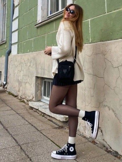 White Socks And Converse, Black Tights And Converse Outfit, Black Converse Skirt Outfit, Dress With Tights And Sneakers, Olivia Rodrigo Outfit, Tights And Sneakers, Outfits With Sneakers, Dress With Tights, Converse Outfit