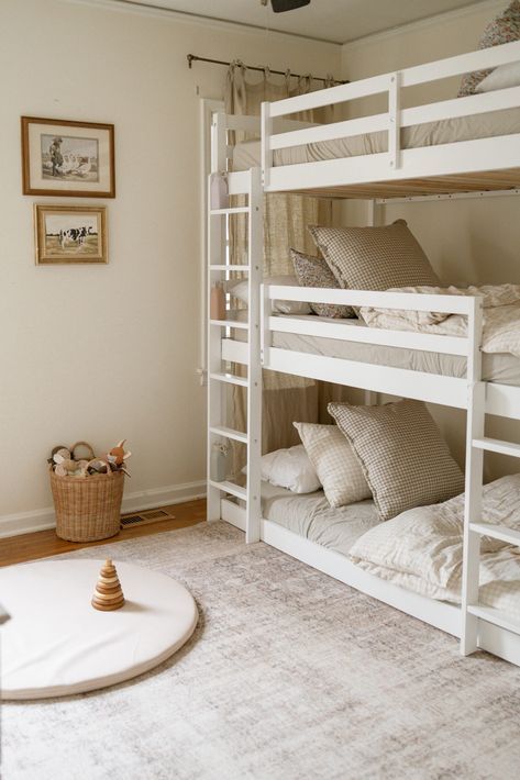 Triple Twin Beds, Bunk Beds 3 People, Sister Room Bunk Bed, Coed Bunk Beds Shared Bedrooms, Twin Triple Bunk Beds, Triple Bunk Beds For Small Room, Kids Room For 3 Children, Bedroom With Three Beds, How To Style A Bunk Bed