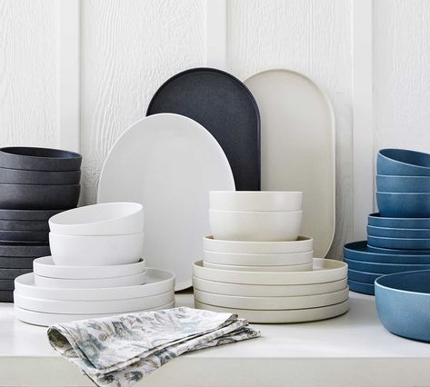 Mason Modern Melamine 12-Piece Dinnerware Set | Pottery Barn Modern Plates, Melamine Dinnerware Sets, Melamine Dinner Plates, Stoneware Dinnerware Sets, Melamine Dinnerware, Construction Crafts, Stoneware Dinnerware, House Items, Furniture Slipcovers