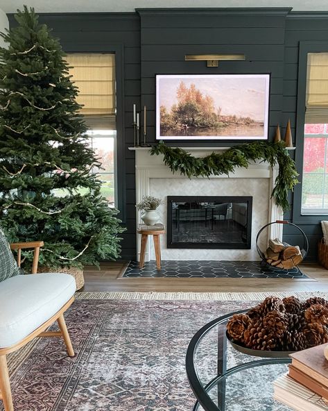 5 Holiday Décor Items to Buy in October Herringbone Fireplace Tile, Stone Electric Fireplace, Carved Stone Fireplace, White Herringbone Tile, Inset Fireplace, Fireplace Style, White Mantel, Taupe Walls, White Pillar Candles