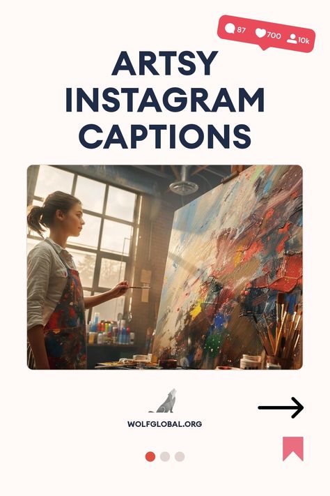 A woman painting on a large canvas in a sunlit studio, with artsy Instagram captions overlay.
A checklist of artistic affirmations with emojis and a CTA button saying "Get 100+ more".
Woman with laptop and doodles promoting Instagram engagement services on wolfglobal.org. Caption For Art Work, Artsy Captions, Sunday Captions, Ig Captions, Caption For Yourself, Instagram Captions, Level Up, Instagram Feed, Art Quotes