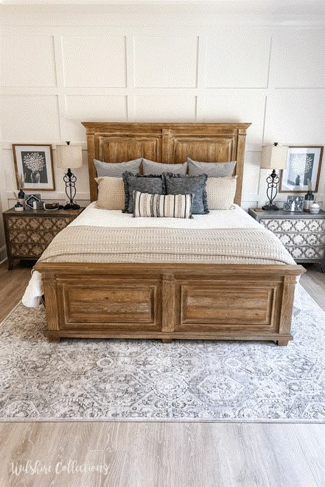 Fifth Wheel Bedroom, Southern Bedroom Ideas, Neutral Christmas Bedroom, Sand Walls, Tan Bedding, Tan Bedroom, Navy Blue Bedding, Lakehouse Bedroom, Christmas Bedroom Decor Ideas