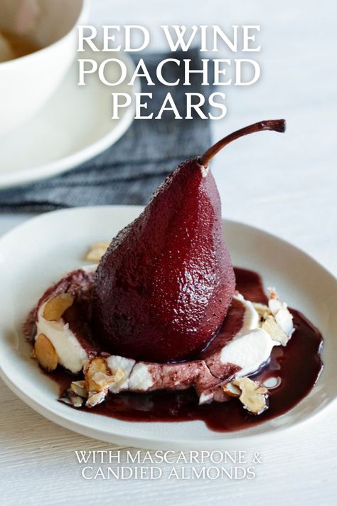 Poached Pears Dessert, Wine Pie, Red Wine Poached Pears, Fine Dining Starters, Pears In Red Wine, Quick Healthy Dessert, Poached Pears Recipe, Pear Dessert Recipes, Roasted Pears