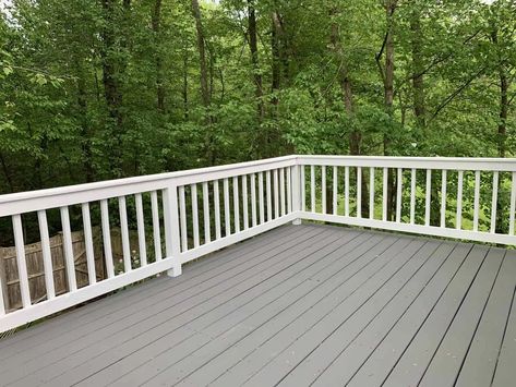 Gray Deck With White Railing, Grey And White Deck Ideas, Deck Colors Ideas Paint White House, Grey Painted Deck, Boothill Grey Behr Deck, Benjamin Moore Deck Paint Colors, Deck Correct Before And After, Deck Colors For Gray House, Deck Colors For Tan House