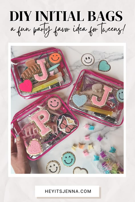 DIY Initial Favor Bags • hey, it's jenna Makeup Bag Gift Ideas Party Favors, Preppy Dessert Table, 13 Birthday Goody Bags, Skincare Party Favors, Cute Party Favors Birthday, Princess Birthday Party Favors Gift Bags, Summer Gift Ideas For Kids, Preppy Birthday Gift Bags, Cheap Goodie Bag Ideas