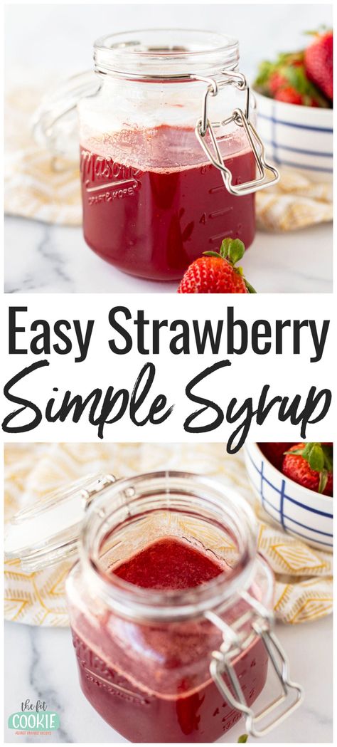 Our homemade strawberry simple syrup is made with real strawberries and is easy to make and made with simple ingredients! This syrup is perfect for your favorite drinks, such as cocktails, mocktails, matcha lattes, lemonades, and more. | thefitcookie.com Strawberry Basil Simple Syrup, Strawberry Basil Cocktail, Basil Simple Syrup, Basil Cocktail, Strawberry Simple Syrup, Homemade Lemonade Recipes, Summer Lemonade, Strawberry Basil, Homemade Soda