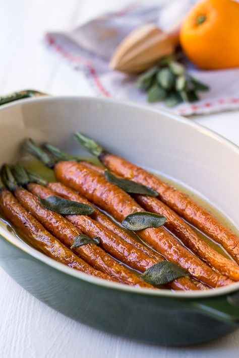 Orange Brown Butter Roasted Carrots with Sage Brown Butter Carrots, Holiday Veggies, Orange Butter Recipe, Butter Roasted Carrots, Fall Sides, Quinoa Broccoli, Xmas Menu, Butter Carrots, Thanksgiving Gathering