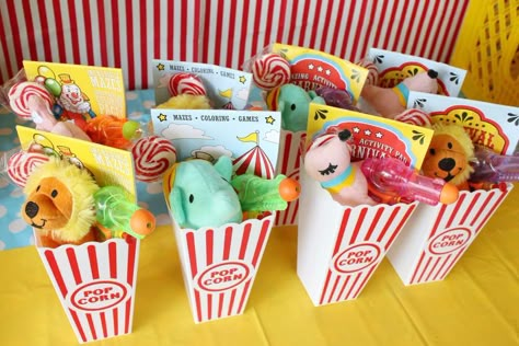 Summer Carnival Birthday | CatchMyParty.com Carnival Birthday Party Goodie Bags, Carnival Style Birthday Party, Circus Birthday Party Favors, Circus Favors Ideas, Circus Goodie Bags Ideas, Carnival Birthday Prizes, Carnival Theme One Year Old Party, Carnival Favor Ideas, Circus Party Goodie Bags