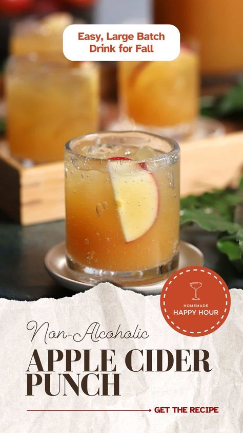 This quick and easy fall Apple Cider Punch packs big flavor in a delicious, simple-to-make recipe. Mix up pitcher for your next party or as a great game day option! Fall Dispenser Drinks, Non Alcoholic Cider Punch, Sparkling Apple Cider Punch Non Alcoholic, Fall Non Alcoholic Drinks Apple Cider, Nonalcoholic Fall Punch, Apple Cider For Party, Non Alcoholic Apple Cider Sangria, Fall Non Alcoholic Drinks Punch Recipes, Simple Apple Cider Cocktail