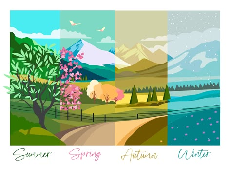 Four Season Illustration, Season Illustration Design, 4 Seasons Landscape, 4 Season Illustration, 4 Seasons Illustration, Seasons Changing Art, 4 Seasons Drawing, Seasons Illustration, Four Seasons Painting