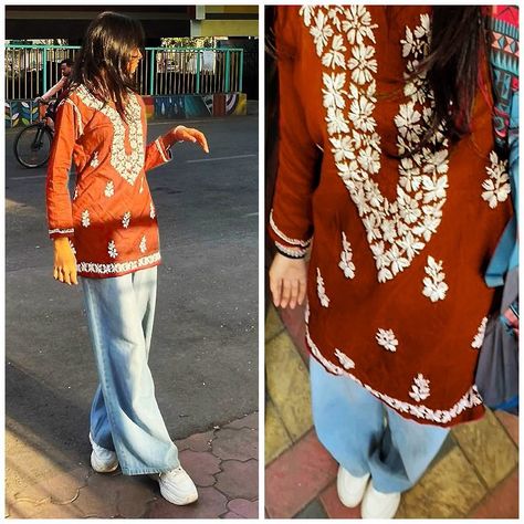 Fabric details: Kurti  – Supreme Quality Modal With Heavy Chikan Embroidery ( Stitched) Denims  – (Stitched – Free Size) Chikankari Kurti With Jeans, Chikan Kari Kurti, Chikankari Outfits, Short Kurti Designs, Kurti With Jeans, Chikan Embroidery, Chikankari Kurti, Short Kurti, Plus Size Winter