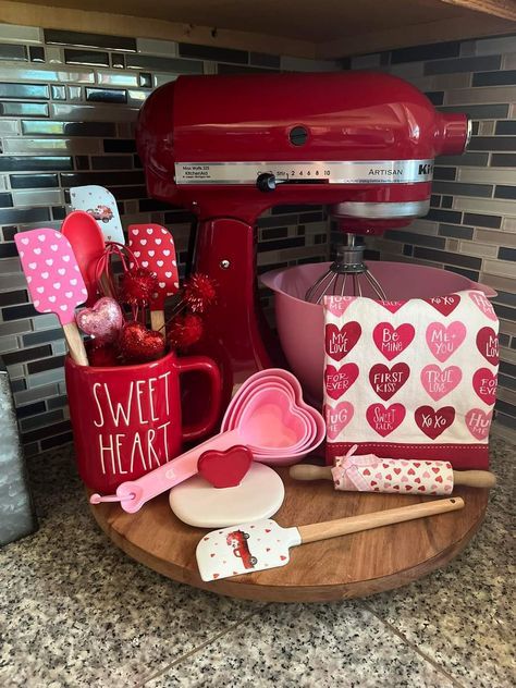 Kitchenaid Decor Ideas, Valentines Decor Kitchen, Rae Dunn Valentines Display, Stand Mixer Decor, Kitchenaid Mixer On Counter, Kitchenaid Mixer Decor Ideas, Mixer On Counter Decor, Mixer Decor, Valentine Day Aesthetic