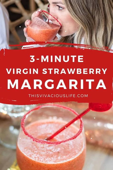 This 3- MINUTE virgin strawberry margarita mocktail couldn’t be easier to make & it is sure to be a crowd pleaser! Plus, you will love our twist! Virgin Strawberry Margarita Recipe, Virgin Strawberry Margarita, Strawberry Margarita Mocktail, Non Alcoholic Margarita, Margarita Mocktail, Virgin Margarita, Strawberry Basil Margarita, Cranberry Mocktail, Margarita Punch