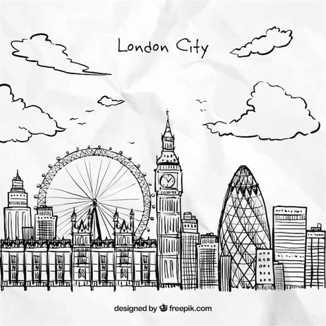 London Art Drawing, Croquis Architecture, London Sketch, London Drawing, Cityscape Drawing, City Sketch, Ferris Wheels, City Drawing, Architecture Drawing Art