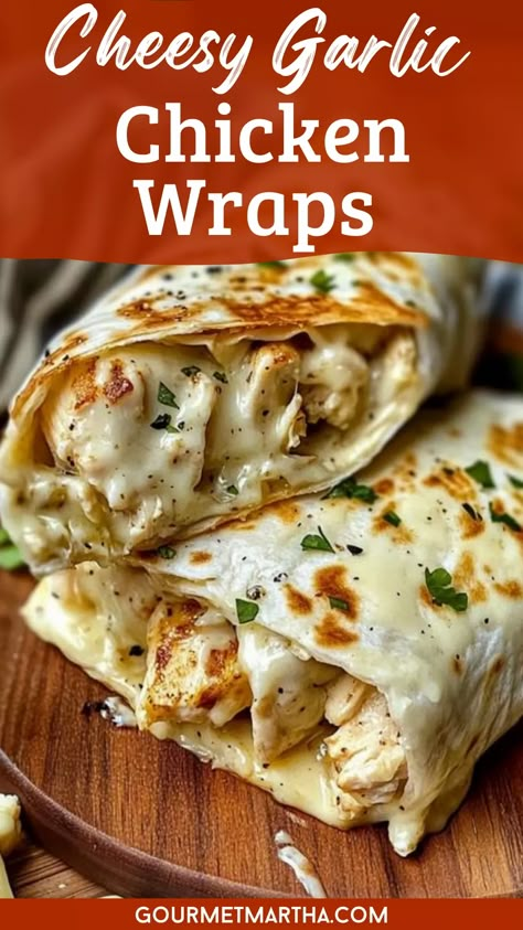 Craving a quick, cheesy delight? These Cheesy Garlic Chicken Wraps are the perfect combination of savory chicken, melted cheese, and garlic goodness. Easy to make and packed with flavor, they’re sure to become a household favorite. Surprise your taste buds – full recipe inside! #CheesyChickenWrap #GarlicChickenWrap #ChickenRecipes #EasyDinner #WrapRecipes #CheesyWraps #GarlicLovers #QuickMeals #EasyWraps #FamilyFavorite #DinnerIdeas #ChickenWraps #CheeseRecipes Cheesy Garlic Chicken, Quick Delicious Dinner, Chicken Wrap Recipes, Fast Dinner, Chicken Wrap, Fast Dinner Recipes, Savory Chicken, Cheap Dinners, Chicken Wraps