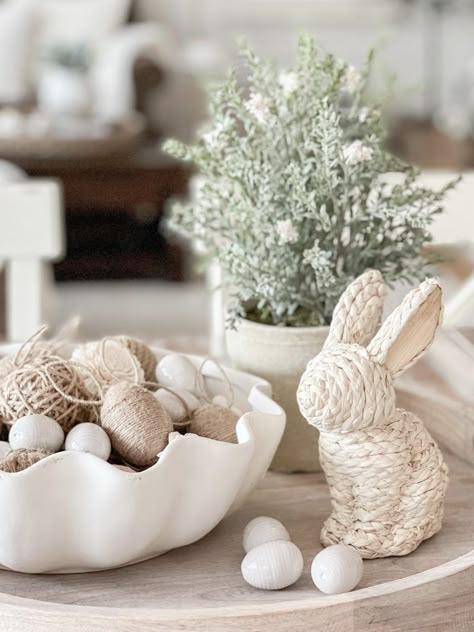 Neutral, light, and airy spring home tour | Spring decor inspiration | Easter decorations | Easter tablescapes | Seasonal decor ideas #springdecor #easterdecorations #springinspiration Spring Console Table Decor, Neutral Easter Decor, Modern Easter Decor, Neutral Easter, Bunny Figurines, Summertime Decor, Modern Easter, Farmhouse Easter Decor, Spring Cottage