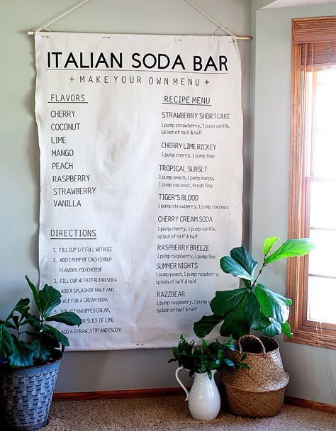 HUGE Canvas Italian Soda Bar Menu Sign create with my favorite Cricut Maker & the NEW Cricut Large Easy Press 2 • WhipperBerry Italian Soda Bar, Italian Sodas, Italian Cream Soda, Lime Rickey, Soda Bar, Italian Party, Soda Shop, Italian Soda, Soda Recipe