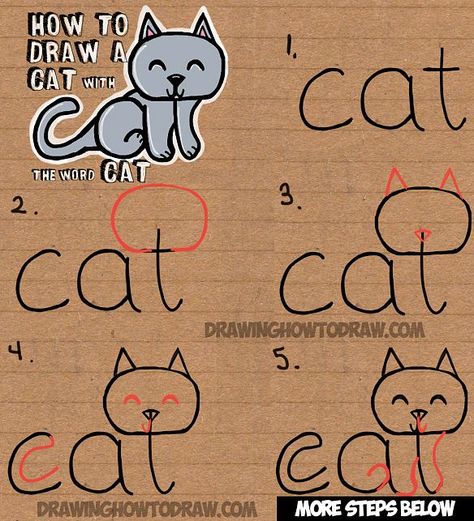 How to Draw a Cat from the word Cat Simple Step by Step Drawing Lesson for Children Trin For Trin Tegning, Draw A Cat, Word Drawings, Word Cat, How To Draw Steps, Easy Drawing Tutorial, Drawing Tutorials For Kids, Drawing Tutorial Easy, Step Drawing