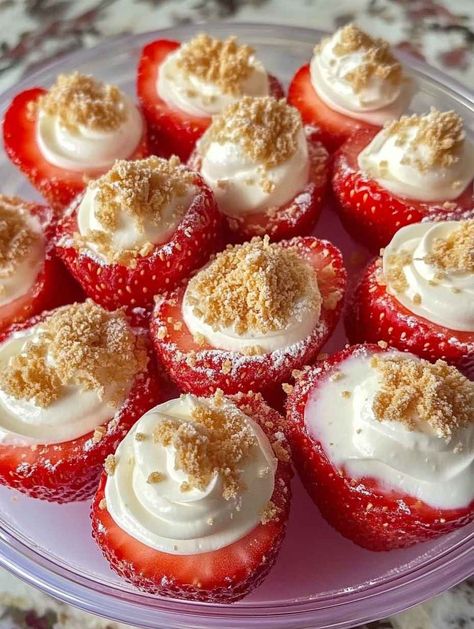 Easy Fresh Fruit Desserts, Strawberry Appetizers For Party, Valentines Dishes Ideas, Fancy Looking Food, Strawberry Cheesecake Dip Recipe, Strawberry Deviled Eggs Cheesecake, Valentine Desserts Ideas, Stuffed Strawberry Cheesecake, Strawberry Christmas Dessert