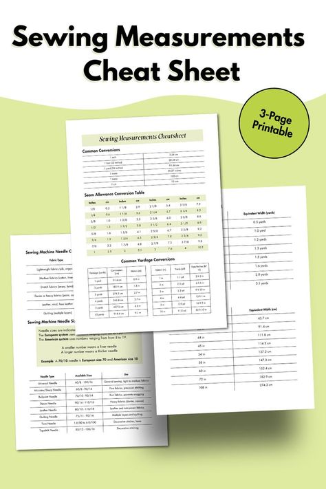 Simplify your sewing process with this printable sewing cheat sheet! This handy guide is suitable for sewists of all expertise levels and covers fabric conversions, seam allowances, needle sizes, and more. Keep it by your side as quick reference for sewing. You can download this printable at our store today. Measurement Book For Tailors, Measurement Conversion, Sewing Measurements, Measurement Conversions, Sewing Machine Basics, Learning To Sew, Sewing 101, Simple Sewing, Sewing Tools