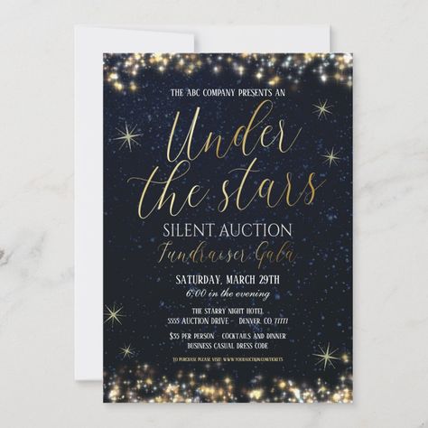 Under The Stars Fundraiser Gala Invitation Prom Themes Starry Night, Prom Invitations, Celestial Party, Invitation Design Ideas, A Night Under The Stars, Sweet 16 Party Invitations, Prom Themes, Night Under The Stars, Gala Night