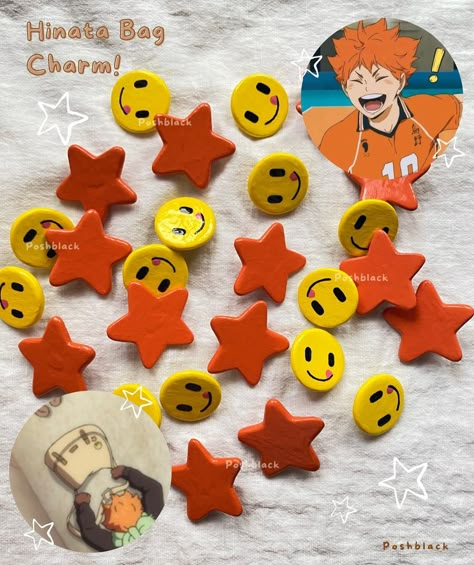 Handmade Hinata Shoyo Bag Charm restocks!😋⭐️ Charms made with air dry clay, painted with acrylic paint and coated with varnish for glossy looks!✨🏐 (P. S.) this is the last batch for this month, so grab it fast!! #airdryclay #claycharm #hinatashoyo #karasuno #haikyuu #haikyu #clayart #smallbusiness #handmade #nekoma Diy Clay Projects, Haikyuu Merch, Clay Diys, Graffiti Art Letters, Clay Air Dry, Clay Keychain, Tanah Liat, Hinata Shoyo, Cute Polymer Clay