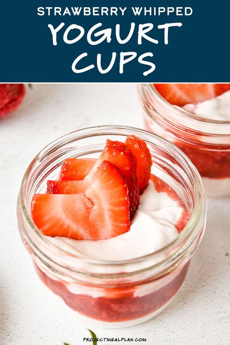 Creamy whipped Greek yogurt plus homemade strawberry sauce equals these Strawberry Whipped Yogurt Cups - naturally sweetened, 6g of protein per serving, and perfectly portioned for dessert meal prep! #yogurtcups #whippedyogurt #strawberrydessert Dessert Meal Prep, Whipped Greek Yogurt, Strawberry Yogurt Parfait, Dessert Bread Recipes, Breakfast Meal Prep Recipes, Whipped Yogurt, Homemade Strawberry Sauce, Yogurt Dessert, Greek Yogurt Recipes