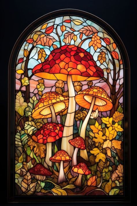 Stained Glass Character Art, Stain Glass Window Art, Mushroom Paint, Glass Window Art, Mushroom Art, Stained Glass Crafts, Window Art, Bottle Painting, Stained Glass Patterns