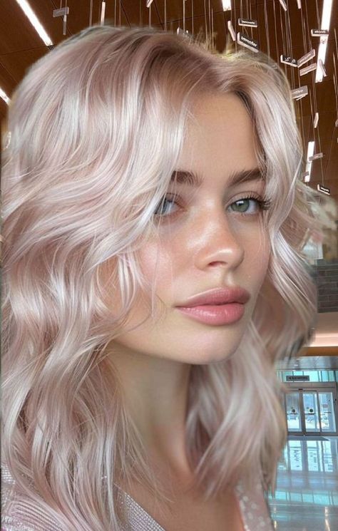 Platinum Pink Blonde Hair, Blonde With Pink Tone, Peach Platinum Hair, Pink Platinum Blonde Hair, Platinum Blonde With Pink Underneath, Pearl Pink Hair, Platinum Blonde Hair Color Ideas For Summer, Pale Pink Hair Blonde, Short Blonde Hair Color Ideas For Summer