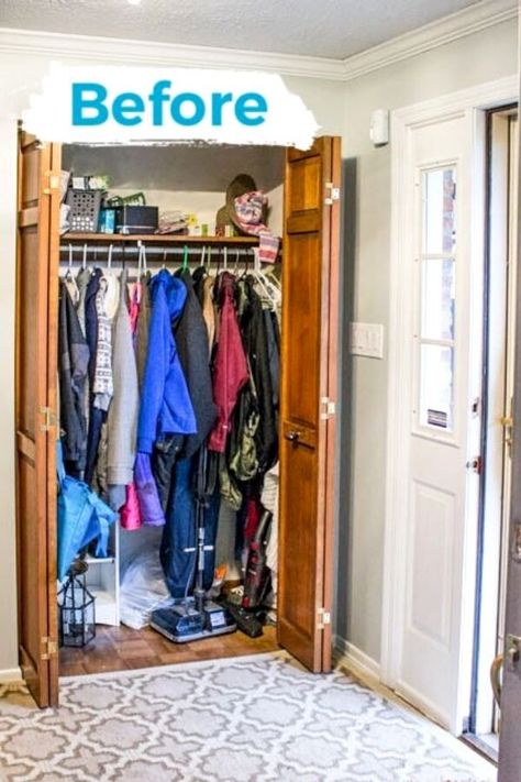 Entry Way Closet Makeover, Entryway Closet Organization, Entry Way Closet, Closet Makeover Diy, Front Closet, Mudroom Makeover, Coat Closet Organization, Entry Closet, Entryway Closet