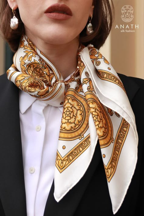 A beautiful white and gold silk scarf Silk Scarf Outfit Classy, Yellow Hijab, Silk Scarf Outfit, Scarf Outfits, Scarf Wearing Styles, Scarf Knots, Designer Silk Scarves, Silk Scarf Style, Silk Fashion