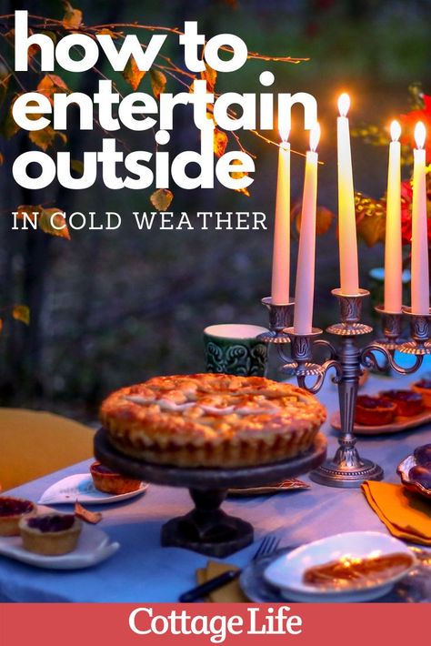 Want to host a backyard party in the cool weather? Here is everything you need to entertain outside. #entertain #fall #fallpicnic #outdoorparty #backyardparty #homedecor #CottageLife Outdoor Winter Party Food, Winter Outdoor Party Backyards, Winter Patio Ideas Cold Weather, Backyard Party Aesthetic, Fall Backyard Party, Winter Outdoor Party, Outdoor Winter Party, Backyard Party Lighting, Winter Party Foods