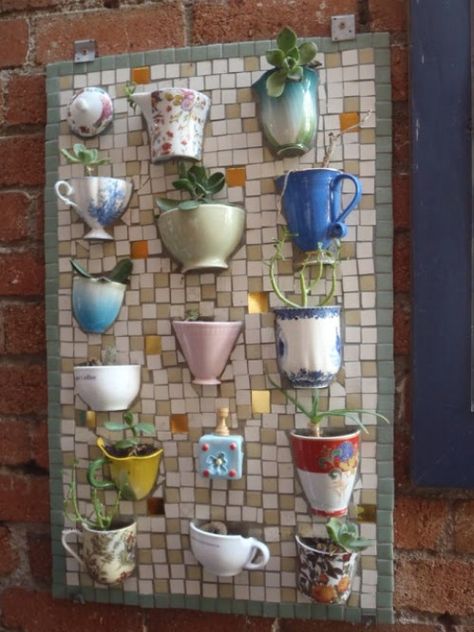 Teacup Mosaic, Mosaic Planters, Teacup Crafts, Unique Garden Decor, Mosaic Decor, Mosaic Garden, Unique Gardens, Mosaic Projects, Mosaic Diy