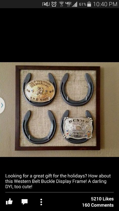 Belt buckle display Belt Buckle Display, Buckle Display, Horseshoe Ideas, Buckle Holder, Horseshoe Projects, Western Crafts, Horseshoe Decor, Horseshoe Crafts, Chevron Fabric