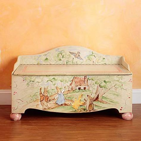 Painted Toy Chest, Painted Toy Boxes, Peter Rabbit Toys, Toy Box Ideas, Beatrix Potter Nursery, Peter Rabbit Nursery, Rabbit Houses, Peter Rabbit And Friends, Wooden Toy Boxes