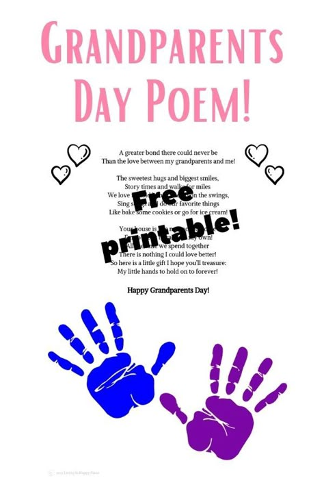 Adorable poem for Grandparents Day! Free printable poem for Grandparents Day that kids can add their handprints to. DIY homemade keepsake for grandma or grandpa. If you are looking for a gift idea for Grandparents Day, give them a gift they can really treasure! Grandparents Day Poems For Preschoolers, Grandparent Gifts Preschool, Grandparents Day Poem Free Printable, Grandparent Handprint Craft, Preschool Grandparents Day Ideas, Grandparents Day For Preschoolers, Grandparents Week Preschool, Grandparents Day Ideas For Preschool, Grandparents Day Crafts Free Printable