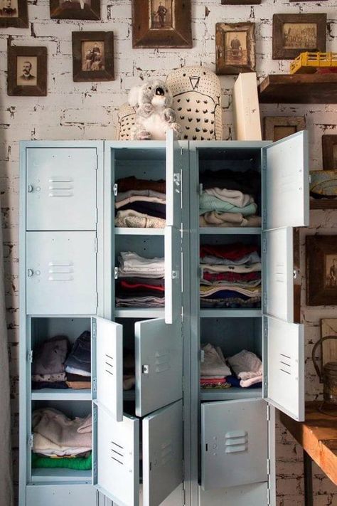 metal locker wardrobe Vintage Lockers, Decoration Photography, Metal Lockers, Casa Vintage, Metal Cabinet, Closet Storage, Boy Room, House Rooms, New Room