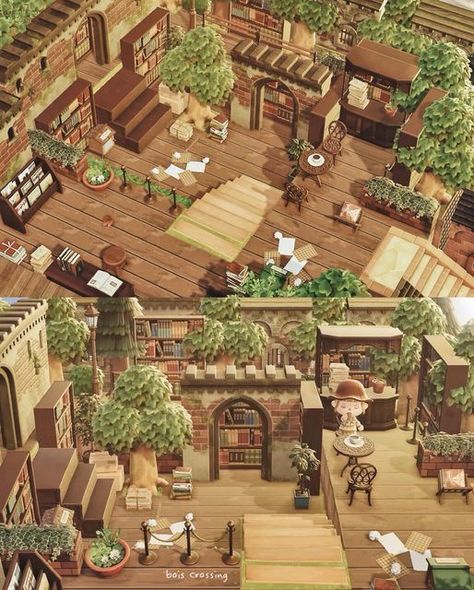 Acnh Outdoor Shop Ideas, Acnh Outdoor Bookstore, Animal Crossing Outdoor Library Ideas, Acnh Cottagecore Library, Acnh Sunken Library, Acnh Book Shop, Animal Crossing Library Ideas, Acnh Cafe Designs Outdoor, Outdoor Library Animal Crossing