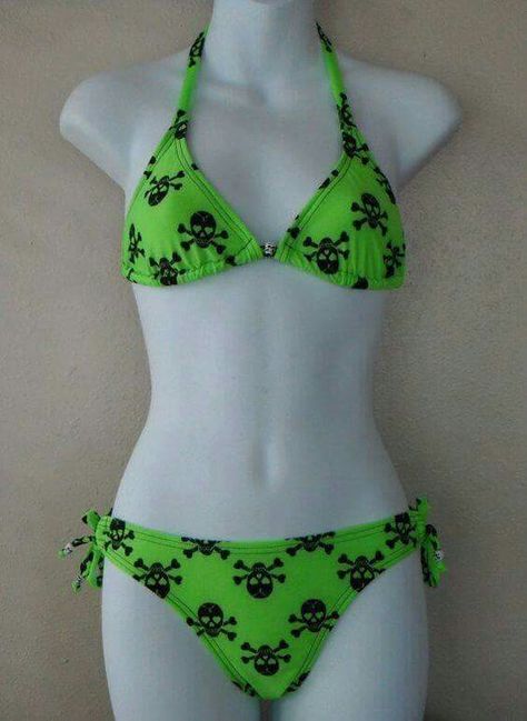 Scene Swimwear, Emo Swimwear, Green Skull, Cross Bones, Scene Fashion, Cute Bathing Suits, Skull Fashion, Cute Swimsuits, Cute Bikinis