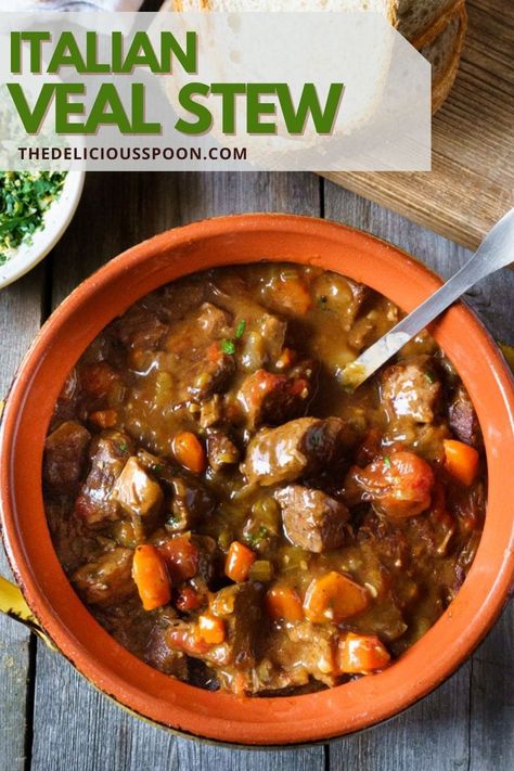 A hearty, class classic Italian veal stew recipe topped with zesty fresh gremolata. Serve this rustic veal stew recipe over a bed of polenta! #vealstew #vealrecipes #vealstewrecipes #veal #dutchovenrecipes #dutchovenstewrecipes #dutchovenstews #stewrecipes #Italianrecipes Veal Italian Recipes, Italian Pork Stew Recipes, Veal Recipes Healthy, Veal Stew Recipes Slow Cooker, Veal Stew Meat Recipes, Veal Stew Recipes, Meat Stew Recipes, Veal Chops, Italian Stew