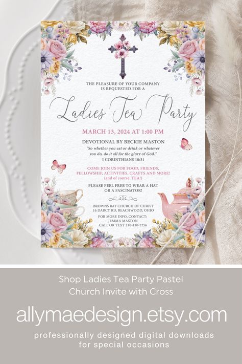 Holding a church fundraiser or social get together? This pretty pastel invite for a tea party with a cross and flowers is the perfect invite for your next event. Personalize the template through CORJL, an easy to use template editor that works in your web browser. Change the fonts and colors, download and print it through your office printer or your local printing shop! Go back and edit as many times as you want and get 8 downloads, ask for more downloads if needed. Women Tea Party Ideas, Tea Party Invites Template, Church Tea Party Ideas Women's Ministry, Womens Gathering, Church Ladies Tea Party, Ladies Tea Party, Church Tea Party, Pastel Invitation, Sip Tea