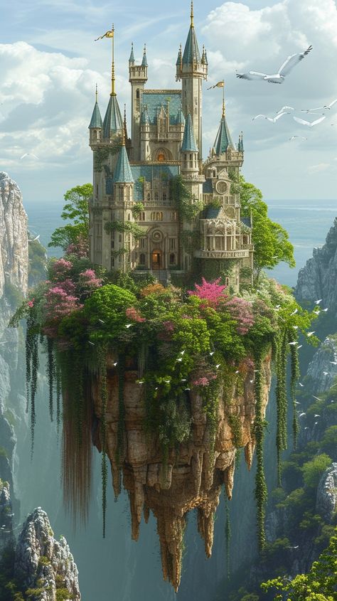 Enchanted #Castle Heights: A majestic #Fairytale castle perched atop a #FloatingIsland amidst soaring #Cliffs and #FlyingBirds. #aiart #aiphoto #stockcake ⬇️ #Download and 📝 #Prompt 👉 https://stockcake.com/i/enchanted-castle-heights_325327_404011 Castle On Floating Island, Fairytale Castle Art, Fairy Castle Aesthetic, Fairytale Castle Aesthetic, Magical Castle Fantasy Fairytale, Fae Castle, Earth Castle, Elf Castle, Flying Castle