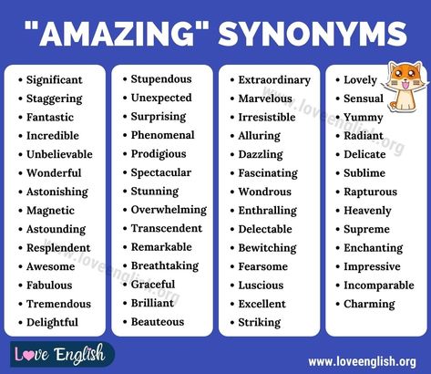 Amazing Synonyms Words, List Of Synonyms, Another Word For Amazing, Words For Amazing, Marvellous Me, Writing English, Native Speaker, English Love, English Skills