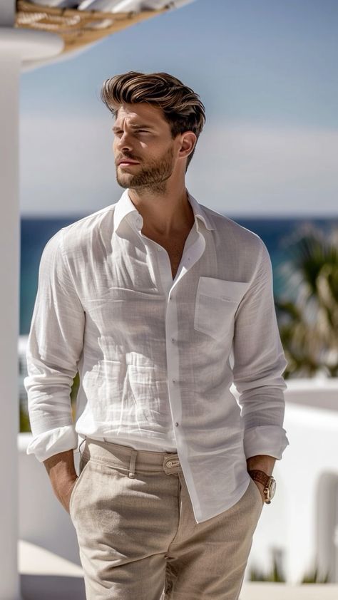 Men Emotions, Cream Linen Pants, Casual Look For Men, Linen Shirt Outfit, Mens Wedding Attire, Man Outfit, Christmas Fits, Money Fashion, Smart Casual Dress