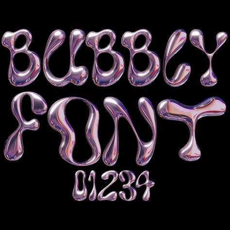 : unique set of 3D alphabets and numbers in a bubbly style, perfect for creating stylish logos, branding, social media posts, and#bubblefont #funwithfonts #creativelettering #typographylove #fontobsessed Bubble Cursive Font, Bubbly Typography Design, Chrome Bubble Font, Chrome Bubble Letters, Bubble Letter Fonts Canva, Y2k Bubble Letters, Canva Chrome Font, Bubble Letters Font, 3d Alphabet Letters Graphic Design