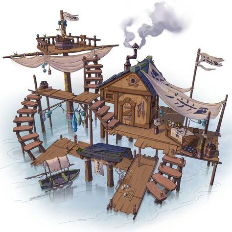 Fishing House Concept Art, Pirate Environment Concept Art, Fisherman Village Concept, Pirate Village Concept Art, Pirate Building Concept Art, Fishing Hut Concept Art, Pirate Ship Interior Design, Pirate Island Concept Art, Fishing Village Concept Art