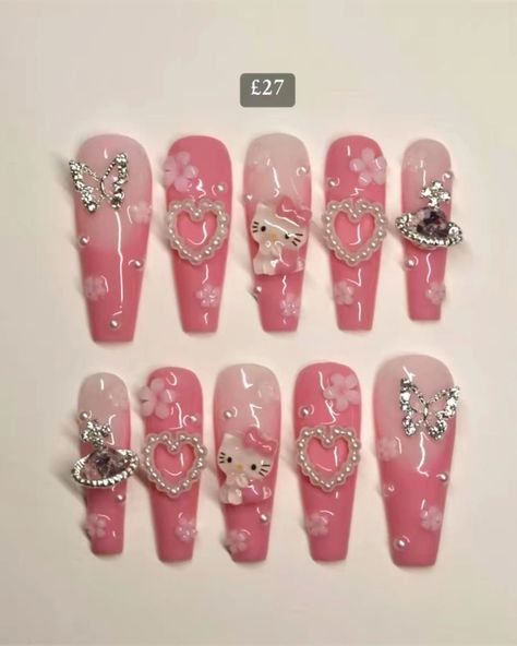 Charm Nails Y2k, Hello Kitty Nails Art, Kitty Nails, Fake Nails Designs, Punk Nails, Grunge Nails, Summery Nails, Blush Nails, Girly Acrylic Nails