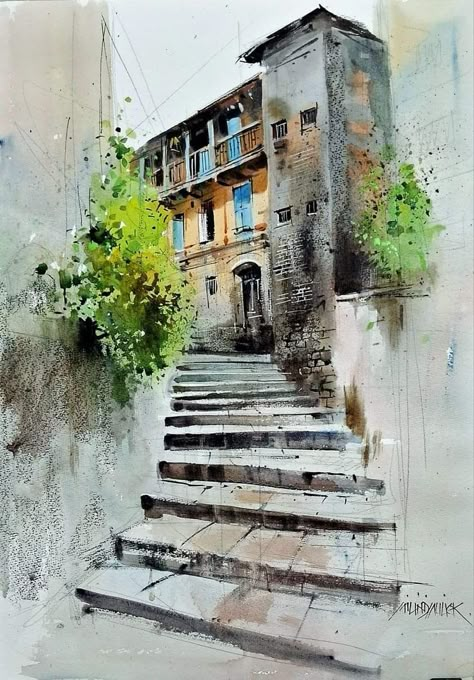 Milind Mulick, Watercolor Scenery, Water Colour Art, Watercolor Art Landscape, Watercolor Paintings Nature, Art Tutorials Watercolor, Street Painting, Watercolor Architecture, Urban Sketches