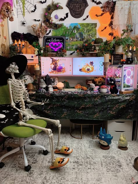 Spooky Pc Setup, Harry Potter Pc Setup, Halloween Desk Setup, Maximalist Pc Setup, Halloween Pc Setup, Mushroom Gaming Setup, Whimsigoth Gaming Setup, Halloween Gaming Setup, E Girl Room Aesthetic